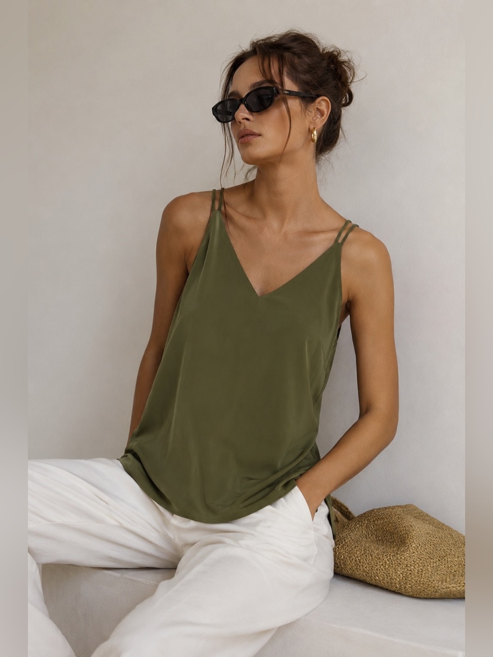 Topshop Olive Double Strap V-Neck Cami | Open Back Layered Tank Sz 8 / Medium